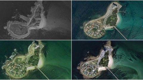 Vista aérea de la isla de Toralla en el año 1956 (arriba izquierda), 2004 (abajo izquierda), 2014 (arriba derecha), 2017 (abajo derecha). Vista aérea de la isla de Toralla en el año 1956 (arriba izquierda), 2004 (abajo izquierda), 2014 (arriba derecha), 2017 (abajo derecha).