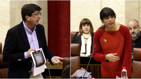 El portavoz de Ciudadanos, Juan Marín, y la de Podemos, Teresa Rodríguez, eh el Parlamento de Andalucía. El portavoz de Ciudadanos, Juan Marín, y la de Podemos, Teresa Rodríguez, eh el Parlamento de Andalucía.