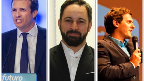 Pablo Casado, Santiago Abascal y Albert Rivera. Pablo Casado, Santiago Abascal y Albert Rivera.