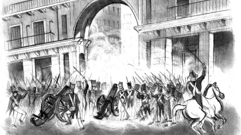 La Milicia Nacional defiende la plaza Mayor de Madrid del ataque de la Guardia Real, en una interpretación de un grabado de Miranda y Rico. La Milicia Nacional defiende la plaza Mayor de Madrid del ataque de la Guardia Real, en una interpretación de un grabado de Miranda y Rico.