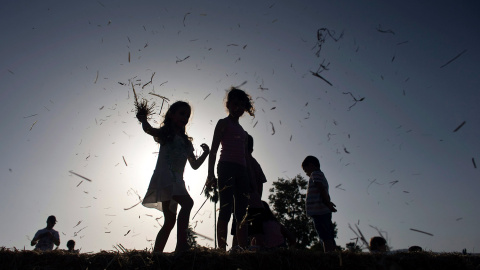 Unos niños juegan durante el festival de la cosecha anual en el Kibutz Degania Alef, a orillas del Mar de Galilea, al norte de Israel.- RONEN ZVULUN (REUTERS)