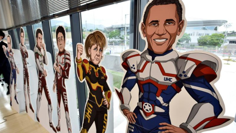 Varios paneles representan a líderes del G7 en el área ONG de la cumbre del G7 en Shima (Japón). Los líderes del G7, que se reúnen a partir del jueves en Japón, tienen previsto firmar una declaración sobre la necesidad de mantener el "imper