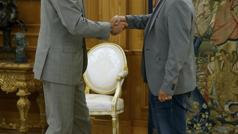 El rey Felipe recibe en el Palacio de la Zarzuela al portavoz de En Comú Podem, Xavier Domènech (d), en la segunda jornada de su ronda de consultas con las formaciones políticas parlamentarias para proponer un candidato a la Presidencia del El rey Felipe recibe en el Palacio de la Zarzuela al portavoz de En Comú Podem, Xavier Domènech (d), en la segunda jornada de su ronda de consultas con las formaciones políticas parlamentarias para proponer un candidato a la Presidencia del