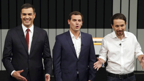 Pedro Sánchez, Albert Rivera y Pablo Iglesias, durante el debate a cuatro en televisión, el pasado 13 de junio. EFE Pedro Sánchez, Albert Rivera y Pablo Iglesias, durante el debate a cuatro en televisión, el pasado 13 de junio. EFE