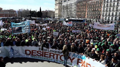 Vista general de la manifestación celebrada hoy en Madrid en la que Organizaciones agrarias, usuarios del trasvase Tajo-Segura, empresas exportadoras y representantes institucionales del levante español han convocado una marcha. /EFE Vista general de la manifestación celebrada hoy en Madrid en la que Organizaciones agrarias, usuarios del trasvase Tajo-Segura, empresas exportadoras y representantes institucionales del levante español han convocado una marcha. /EFE