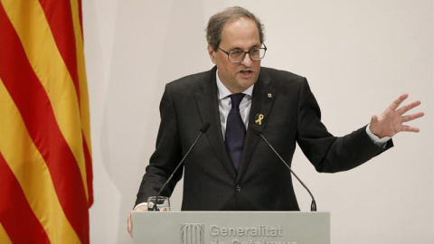 09/01/2019.- El presidente de la Generalitat, Quim Torra, durante la comparecencia que ha realizado hoy en el Palau en la que anunció el ganador del Premio Internacional Catalunya, que ha recaido en el ingeniero norteamericano Vinton Cerf. 09/01/2019.- El presidente de la Generalitat, Quim Torra, durante la comparecencia que ha realizado hoy en el Palau en la que anunció el ganador del Premio Internacional Catalunya, que ha recaido en el ingeniero norteamericano Vinton Cerf.