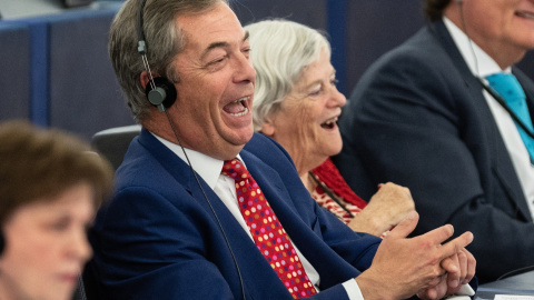 El eurodiputado británico Nigel Farage, del Partido del Brexit, durante el debate en el Parlamento Europeo sobre la salida del Reino Unido de la UE. EFE/EPA/PATRICK SEEGER