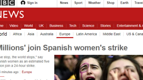 La BBC da cuenta del éxito de la huelga feminista del 8M en España. La BBC da cuenta del éxito de la huelga feminista del 8M en España.