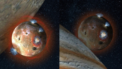 Ilustración de la luna Ío con su tenue atmósfera de dióxido de azufre (en tonos anaranjados) antes de comenzar un eclipse de Júpiter, y después, cuando el gas se congela y colapsa sobre la superficie del satélite. / Southwest Research Insti Ilustración de la luna Ío con su tenue atmósfera de dióxido de azufre (en tonos anaranjados) antes de comenzar un eclipse de Júpiter, y después, cuando el gas se congela y colapsa sobre la superficie del satélite. / Southwest Research Insti