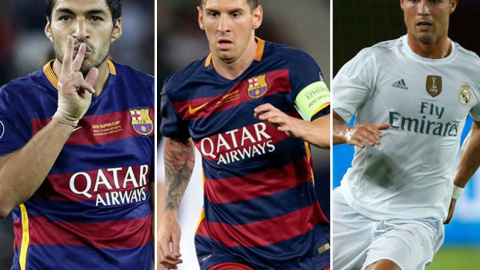 Los jugadores Luis Suárez, Lionel Messi y Cristiano Ronaldo. Los jugadores Luis Suárez, Lionel Messi y Cristiano Ronaldo.