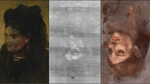 A la izquierda el 'Retrato de una mujer' de Edgard Degas, que esconde invertido el retrato de la modelo Emma Dobigny. A la derecha, representación en falso color el retrato oculto. DAVID THURROWGOOD A la izquierda el 'Retrato de una mujer' de Edgard Degas, que esconde invertido el retrato de la modelo Emma Dobigny. A la derecha, representación en falso color el retrato oculto. DAVID THURROWGOOD