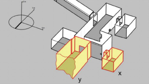 Mapa elaborado por Reeves sobre la estructura de la tumba de Tutankamón, con las dos cámaras secretas en amarillo. “x” es el almacén lateral, mientras que “y” albergaría la tumba de Nefertiti / Theban Mapping Project ©