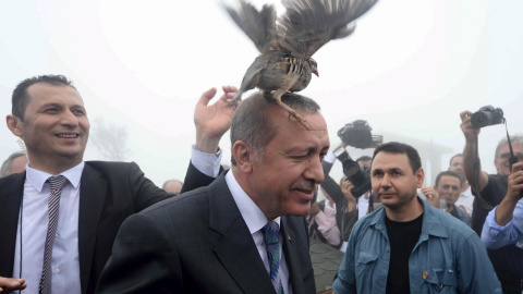 Un urogallo se posa sobre la cabeza del presidente turco, Tayyip Erdogan, cuando visita una instalación del Ministerio de Bosques y Gestión del Agua en Rize, Turquía.- REUTERS / Stringer