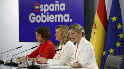 6/2/24 - Las ministras María Jesús Montero, Pilar Alegría y Yolanda Díaz ofrecen una rueda de prensa después de la reunión del Consejo de Ministros este martes en Madrid. 6/2/24 - Las ministras María Jesús Montero, Pilar Alegría y Yolanda Díaz ofrecen una rueda de prensa después de la reunión del Consejo de Ministros este martes en Madrid.