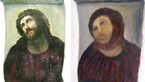 El eccehomo de Borja original (izquierda) y su restauración (derecha) El eccehomo de Borja original (izquierda) y su restauración (derecha)