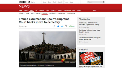 24-09-2019.- BBC: "Exhumación de Franco: la Corte Suprema de España avala su traslado a un cementerio"