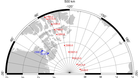 Deriva del polo magnético en el norte de la Tierra desde 1900 (en rojo). /BGS Deriva del polo magnético en el norte de la Tierra desde 1900 (en rojo). /BGS