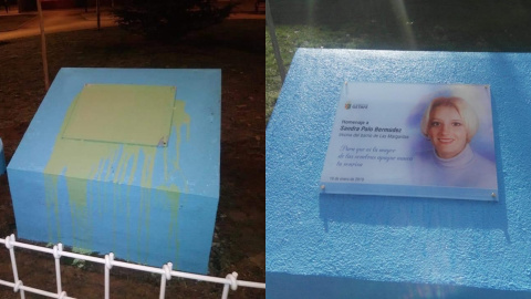 La placa en homenaje a Sandra Palo aparece cubierta de pintura | María Del Mar Bermúdez García La placa en homenaje a Sandra Palo aparece cubierta de pintura | María Del Mar Bermúdez García