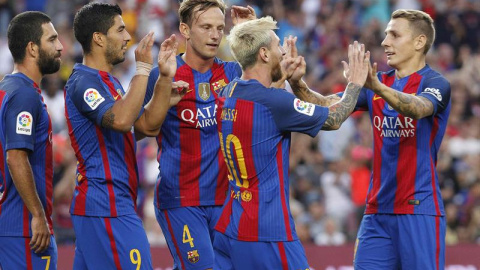 Messi celebra uno de sus goles ante la Sampdoria. EFE/Marta Pérez Messi celebra uno de sus goles ante la Sampdoria. EFE/Marta Pérez