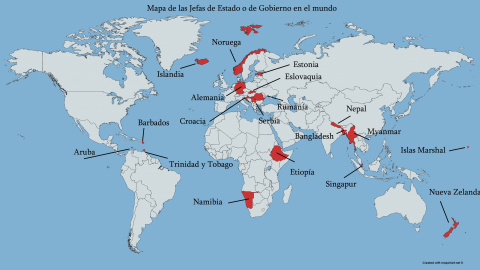 Mapa de Jefas de Estado y de Gobierno en el mundo, excluyendo monarquías Mapa de Jefas de Estado y de Gobierno en el mundo, excluyendo monarquías