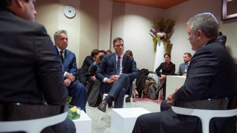 Sánchez, con Lenin Moreno (i), Iván Duque (d) y Carlos Álvaro Quesada, hoy en Davos. EFE/Borja Puig de la Bellacasa Sánchez, con Lenin Moreno (i), Iván Duque (d) y Carlos Álvaro Quesada, hoy en Davos. EFE/Borja Puig de la Bellacasa