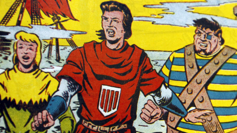 Una viñeta de 'El Capitán Trueno' en el que puede verse de izquierda a derecha a Crispín, el Capitán Trueno y Goliat. EFE/Fernando Alvarado