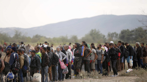 Desde junio, las autoridades macedonias han dicho que más de 60.000 inmigrantes han entrado en el país. Sólo en un día cerca de 1.500 refugiados entraron en Macedonia, la mayoría provenientes de Siria./ REUTERS / Stoyan Nenov