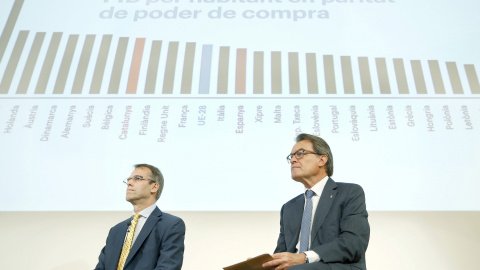 El presidente catalán, Artur Mas, y el número 7 por Barcelona, Oriol Amat, durante la rueda de prensa para explicar la viabilidad económica de una Catalunya independiente. EFE/Andreu Dalmau El presidente catalán, Artur Mas, y el número 7 por Barcelona, Oriol Amat, durante la rueda de prensa para explicar la viabilidad económica de una Catalunya independiente. EFE/Andreu Dalmau