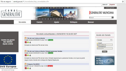 Captura de canalGVA. Nótese cómo Chrome indica que es un sitio 'no seguro'. Captura de canalGVA. Nótese cómo Chrome indica que es un sitio 'no seguro'.