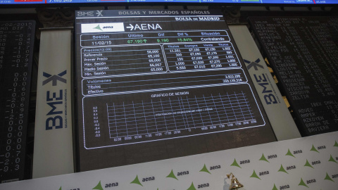 El panel de la Bolsa de Madrid, el día que comenzó a cotizar Aena. REUTERS El panel de la Bolsa de Madrid, el día que comenzó a cotizar Aena. REUTERS