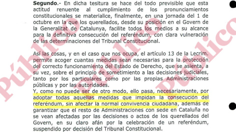 Fragmento del punto segundo de los Fundamentos de Derecho del auto del Tribunal de Justicia de Catalunya, del 27 de septiembre de 2017, sobre la forma de actuar frente al referéndum del 1-O. Fragmento del punto segundo de los Fundamentos de Derecho del auto del Tribunal de Justicia de Catalunya, del 27 de septiembre de 2017, sobre la forma de actuar frente al referéndum del 1-O.