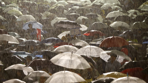Una manifestación contra la ley de seguridad de Japón, contra el primer ministro Shinzo Abe y su gobierno, durante las fuertes lluvias causadas por el tifón Etau, en Tokio 9 de septiembre de 2015. REUTERS / Issei Kato