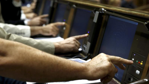 Varios diputados en el momento de emitir su voto hoy en el pleno del Congreso, donde se aprueba el proyecto de ley de Presupuestos Generales del Estado de 2016, después de tres días de debate, con lo que iniciará su tramitación en el Senado