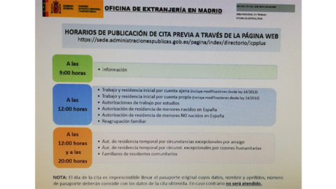 Horarios de publicación de cita previa de la Oficina de Extranjería en Madrid. Horarios de publicación de cita previa de la Oficina de Extranjería en Madrid.