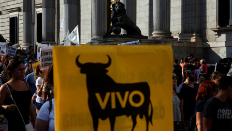 Manifestantes que piden la abolición de las fiestas taurinas, a su paso por el Congreso. REUTERS/Susana Vera