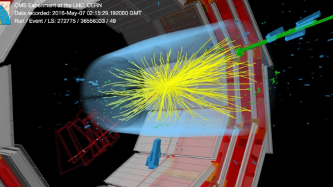 Imagen de una collision proton-protón obtenida en el detector CMS del LHC el pasado 7 de mayo.- TOM MCCAULEY/CMS Imagen de una collision proton-protón obtenida en el detector CMS del LHC el pasado 7 de mayo.- TOM MCCAULEY/CMS