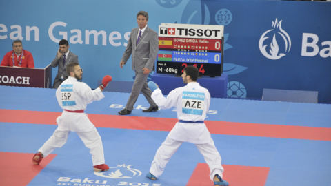 El karateca español Matías Gómez durante los Juegos de Bakú 2015. El karateca español Matías Gómez durante los Juegos de Bakú 2015.