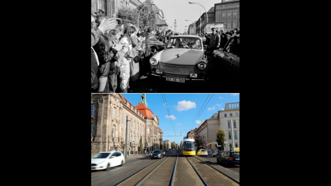 Ciudadanos de Berlín Occidental dando la bienvenida a alemanes orientales que pasan por el punto de control de la frontera del Muro (en la calle Invalidenstrasse) con un automóvil Trabant de la RDA después de la apertura de la frontera en 1