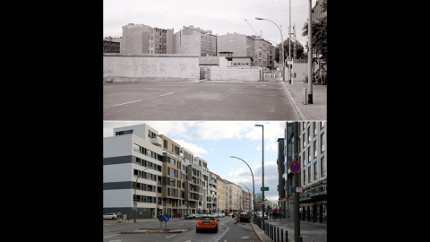 El punto de control Chausseestrasse de la frontera de Alemania Oriental con el Muro de Berlín el 5 de junio de 1989, y (abajo) el mismo lugar en 2019. Este 9 de noviembre, Alemania celebrará el 30 aniversario de la caída del Muro de Berlín 