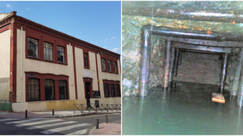 A la izquierda, el antiguo colegio Público  Fernán Caballero, en Vallecas, y a la derecha el posible refugio de la Guerra Civil encontrado cuatro metros bajo el suelo en la parcela de este colegio.- AYUNTAMIENTO DE MADRID