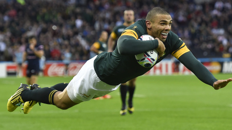 Bryan Habana en el partido disputado entre EEUU y Sudafrica en el estadio olímpico de Londres
