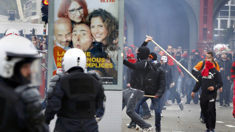 Un manifestante rompe un panel publicitario durante los enfrentamientos en Bruselas durante una marcha contra las reformas y recortes del gobierno belga.- REUTERS/Yves Herman Un manifestante rompe un panel publicitario durante los enfrentamientos en Bruselas durante una marcha contra las reformas y recortes del gobierno belga.- REUTERS/Yves Herman