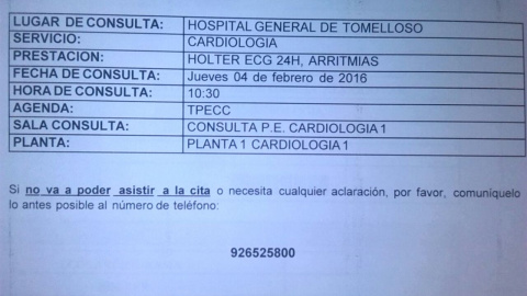 Citación para el holter de Jiménez, para febrero de 2016.