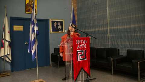 Sede de Amanecer Dorado en Atenas antes del mitin de final de campaña.