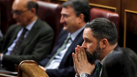 El líder de Vox, Santiago Abascal, durante la segunda jornada del debate de investidura de Pedro Sánchez como presidente del Gobierno este domingo en el Congreso de los Diputados. EFE/Juan Carlos Hidalgo