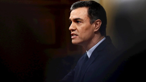El candidato a la Presidencia del Gobierno, Pedro Sánchez, durante una de sus intervenciones en la segunda jornada del debate de su investidura como presidente del Gobierno este domingo en el Congreso de los Diputados. EFE/Mariscal