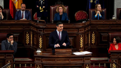 El presidente del Gobierno en funciones, Pedro Sánchez, en el Congreso de los Diputados durante su intervención en la primera jornada de su investidura como presidente del Gobierno. EFE/Juan Carlos Hidalgo