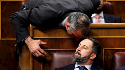 El presidente de Vox, Santiago Abascal, escucha a su compañero de grupo, Javier Ortega Smith (i), en el Congreso de los Diputados en la primera jornada de la sesión de investidura de Pedro Sánchez como presidente del Gobierno. EFE/Juan Carl
