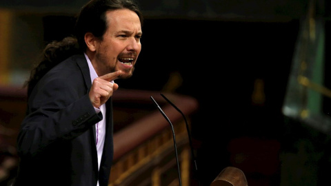 El líder de Unidas Podemos, Pablo Iglesias, durante su intervención ante el pleno del Congreso de los Diputados en la primera jornada de la sesión de investidura de Pedro Sánchez como presidente del Gobierno. EFE/Emilio Naranjo