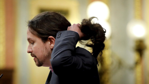 El líder de Unidas Podemos, Pablo Iglesias, durante su intervención ante el pleno del Congreso de los Diputados en la primera jornada de la sesión de investidura de Pedro Sánchez como presidente del Gobierno. EFE/Juan Carlos Hidalgo